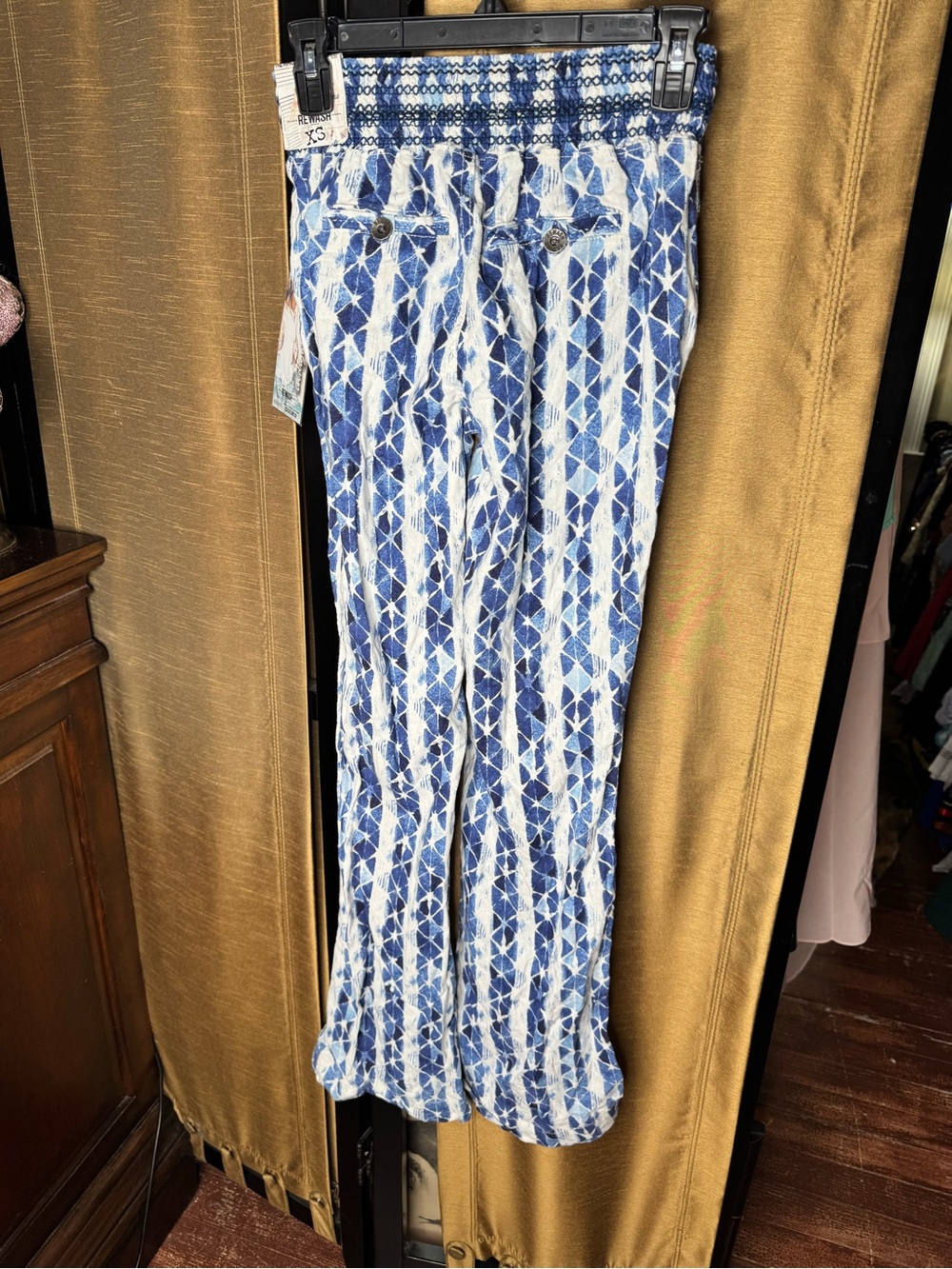 Rewash NWT Linen Blend Boho Wide Leg Pants Blue White XS - Picture 3 of 8